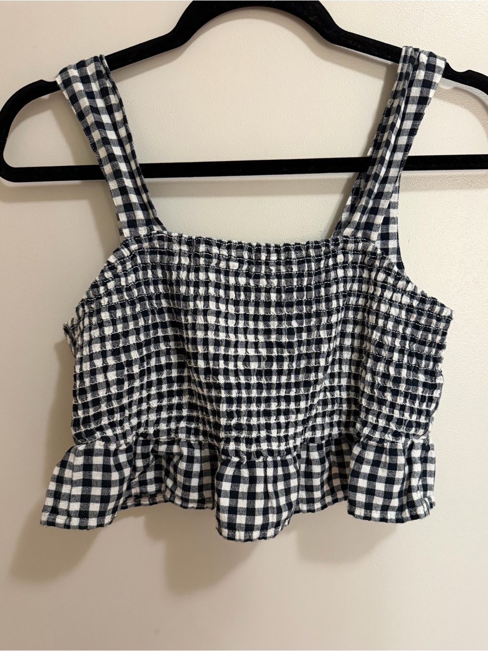 American Eagle Gingham Smocked Tie-Back Crop Top Ruffle Hem Linen Blend Small - Picture 1 of 9